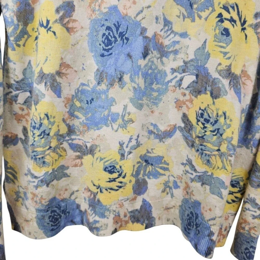 Joie Floral Ribbed‎ Sweater Womens S Blue Yellow Bloom Roses Wool Blend Pullover